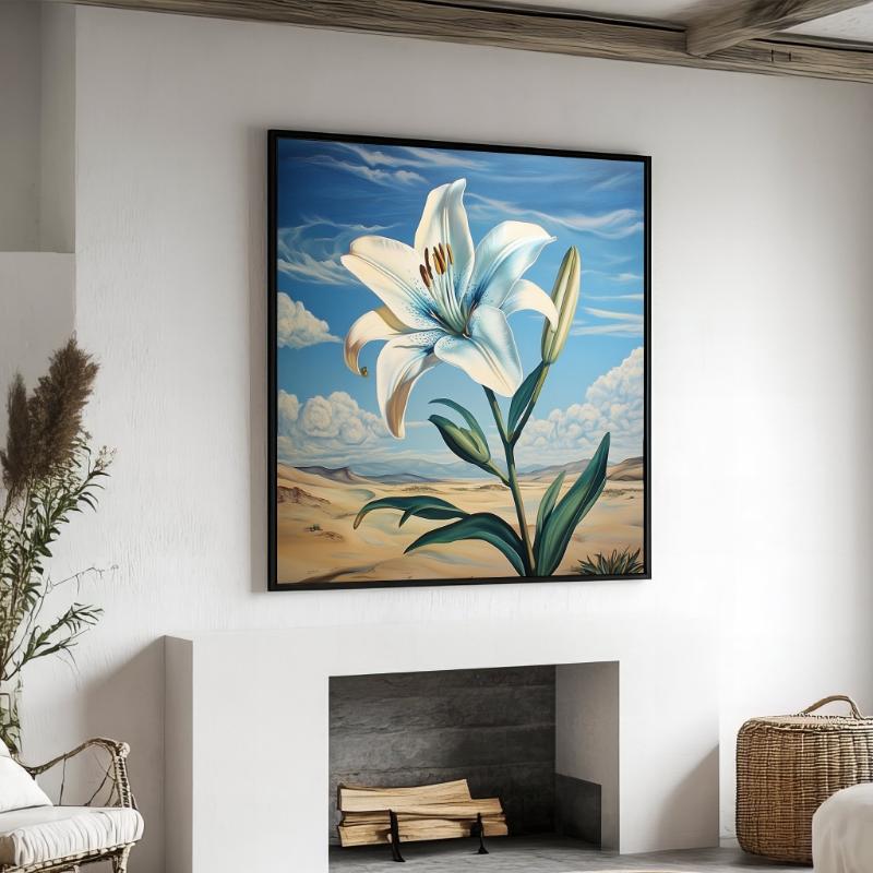 Hoa ly trắng nổi bật giữa bầu trời xanh và phong cảnh sa mạc, thể hiện vẻ đẹp mạnh mẽ và đầy sức sống