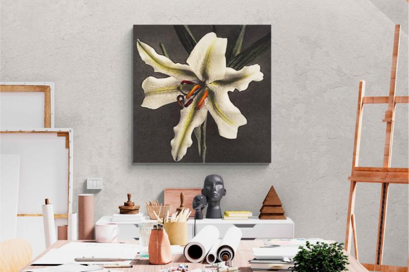Tranh hoa ly trắng được vẽ cận cảnh, với đường nét mềm mại và gam màu tinh tế, lý tưởng cho không gian làm việc.