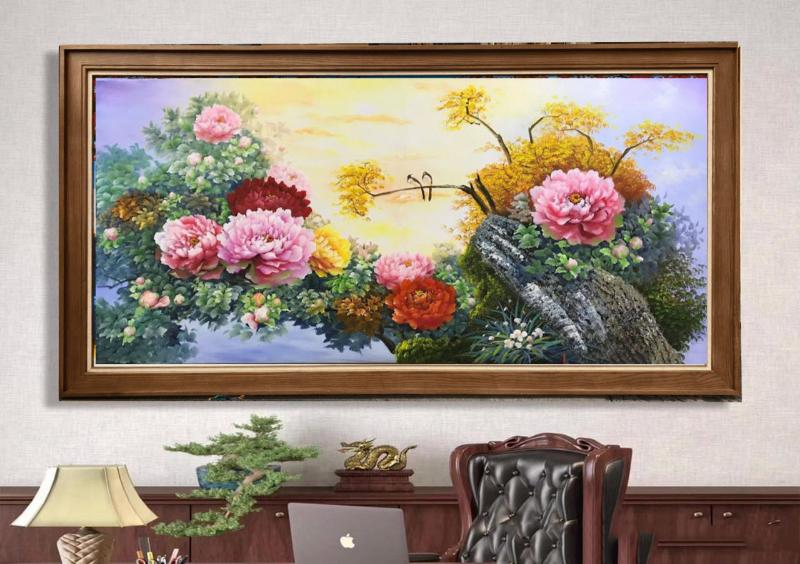 Tranh hoa mẫu đơn treo phòng làm việc để trang trí và cầu chúc mọi việc suôn sẻ