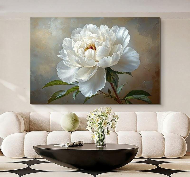 Tranh hoa mẫu đơn trắng sơn dầu biểu tượng của sự phú quý
