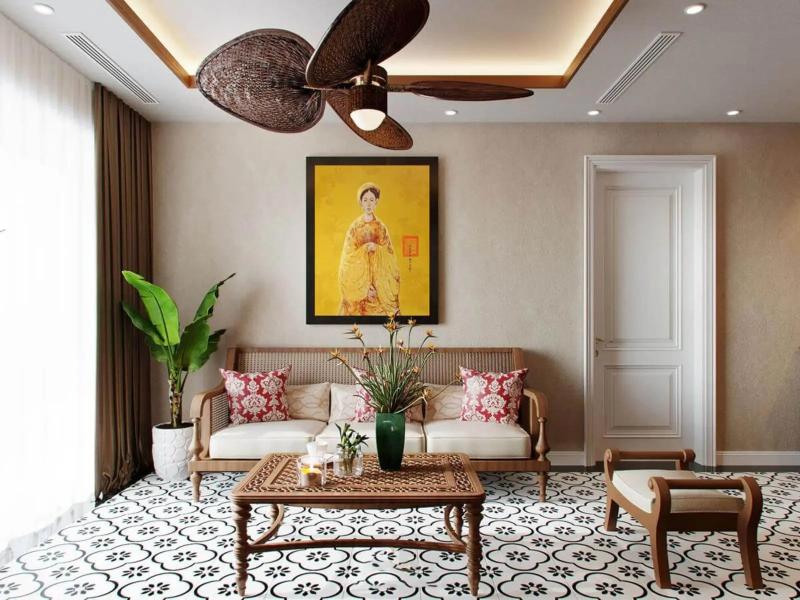 Treo tranh indochine tạo điểm nhấn cho không gian phòng khách