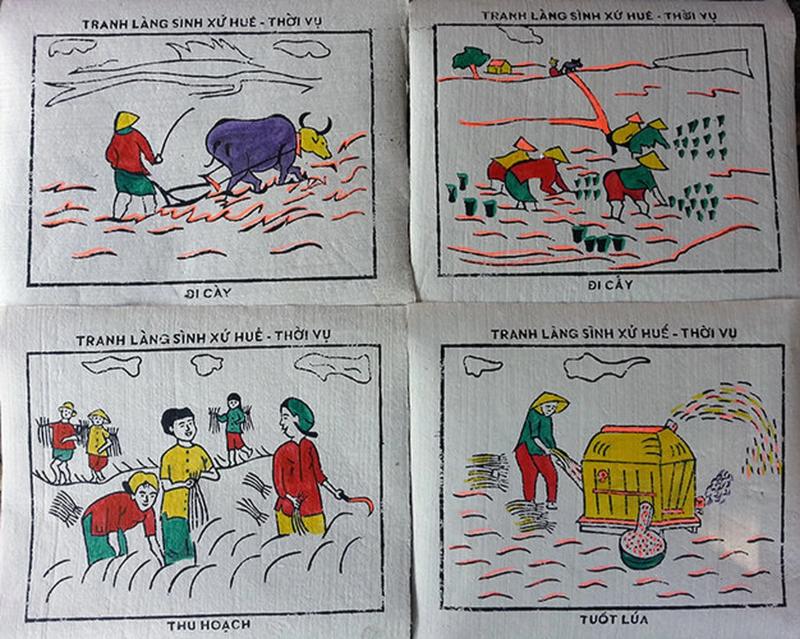 Bộ tranh Thời Vụ: Phản ánh chu trình lao động nông nghiệp (đi cày, thu hoạch, tuốt lúa) của người dân
