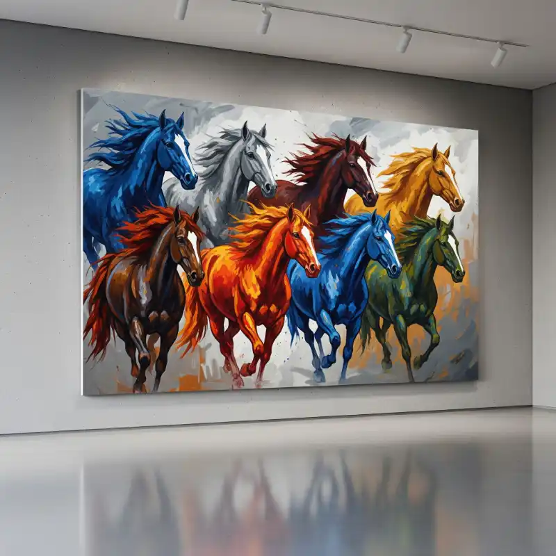 Ý nghĩa tranh Mã Đáo Thành Công cách treo thu hút tài lộc 42 Tranh Mã Đáo Thành Công đàn ngựa đa sắc phi nước đại, nét hiện đại, biểu trưng ý chí mạnh mẽ.