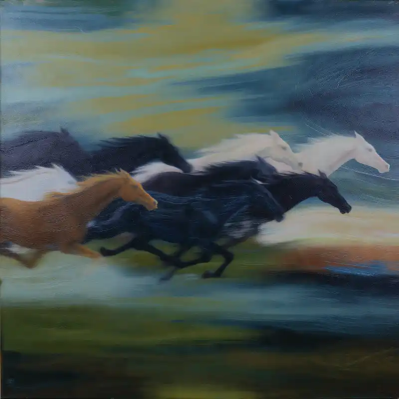 Ý nghĩa tranh Mã Đáo Thành Công cách treo thu hút tài lộc 43 Tranh Mã Đáo Thành Công đàn ngựa phi nước đại nét trừu tượng, biểu trưng sức mạnh, ý chí vươn lên.