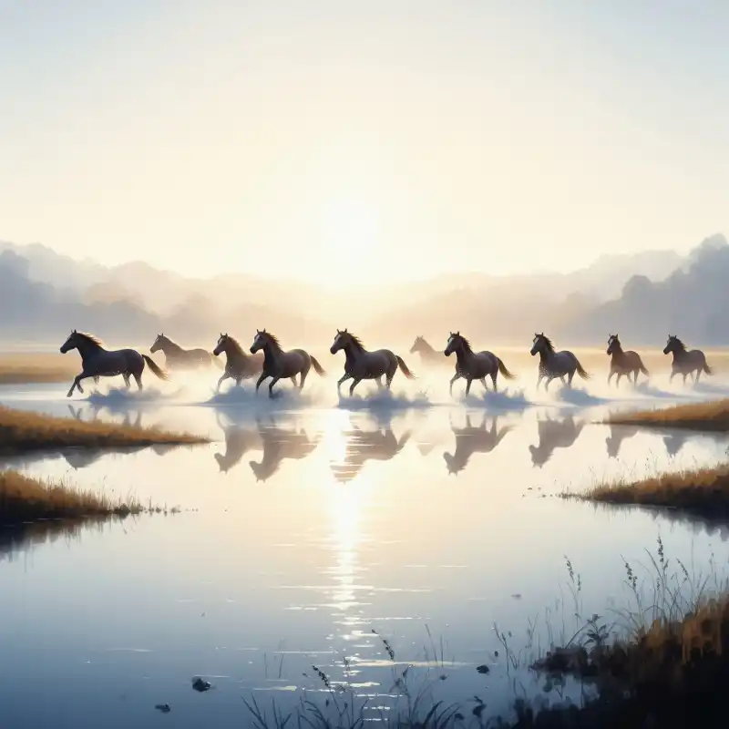 Ý nghĩa tranh Mã Đáo Thành Công cách treo thu hút tài lộc 45 Tranh Mã Đáo Thành Công đàn ngựa tám con đang phi qua hồ nước lấp lánh dưới ánh nắng bình minh, tạo nên cảnh tượng huyền ảo.