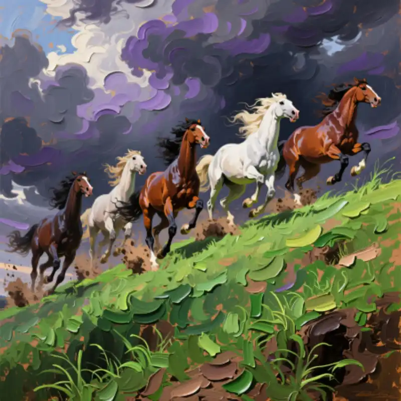 Ý nghĩa tranh Mã Đáo Thành Công cách treo thu hút tài lộc 46 Tranh Mã Đáo Thành Công đàn tuấn mã phi nước đại lên dốc dưới trời giông bão, mang ý nghĩa vượt khó khăn.