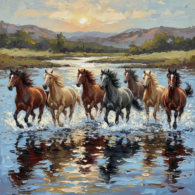 Ý nghĩa tranh Mã Đáo Thành Công cách treo thu hút tài lộc 47 Tranh Mã Đáo Thành Công đàn tuấn mã phi nước dũng mãnh dưới ánh chiều tà, mang ý nghĩa tiến lên không ngừng.