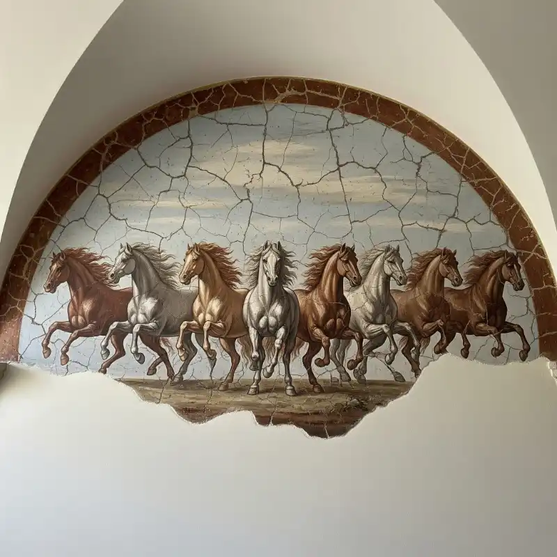 Ý nghĩa tranh Mã Đáo Thành Công cách treo thu hút tài lộc 48 Tranh Mã Đáo Thành Công bức bích họa bán nguyệt trên tường, khắc họa tám con ngựa dũng mãnh đang đồng loạt phi nước đại.