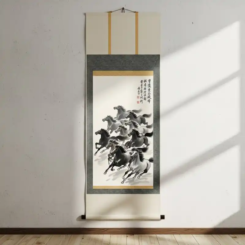 Ý nghĩa tranh Mã Đáo Thành Công cách treo thu hút tài lộc 49 Tranh Mã Đáo Thành Công bức cuộn thư pháp trang trọng, minh họa tám con ngựa phi nước đại với bút pháp thủy mặc truyền thống.