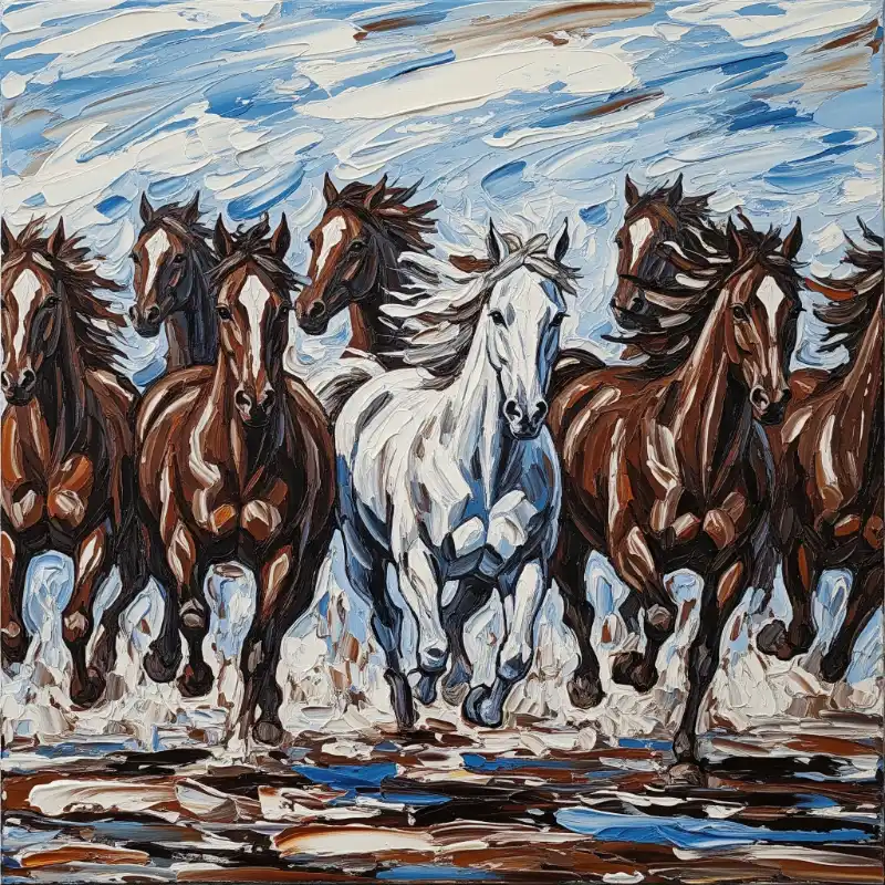 Ý nghĩa tranh Mã Đáo Thành Công cách treo thu hút tài lộc 50 Tranh Mã Đáo Thành Công bức tranh sơn dầu với nét cọ dày, miêu tả tám con ngựa phi nước đại mạnh mẽ, một con trắng nổi bật giữa đàn nâu.