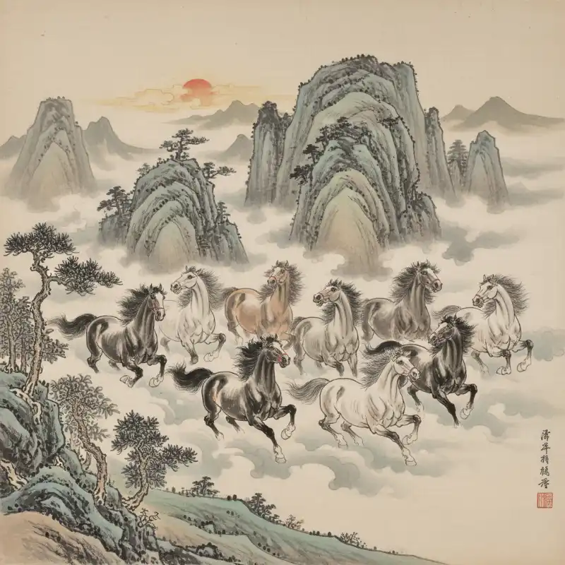 Ý nghĩa tranh Mã Đáo Thành Công cách treo thu hút tài lộc 51 Tranh Mã Đáo Thành Công chín tuấn mã trên mây núi, nét thủy mặc, biểu trưng sự thăng tiến.