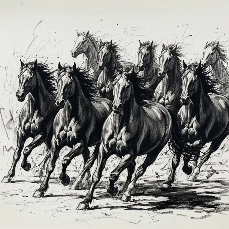 Ý nghĩa tranh Mã Đáo Thành Công cách treo thu hút tài lộc 52 Tranh Mã Đáo Thành Công hình vẽ phác thảo chì sống động về tám chú ngựa đang phi nước đại, thể hiện sức mạnh và sự dũng mãnh.