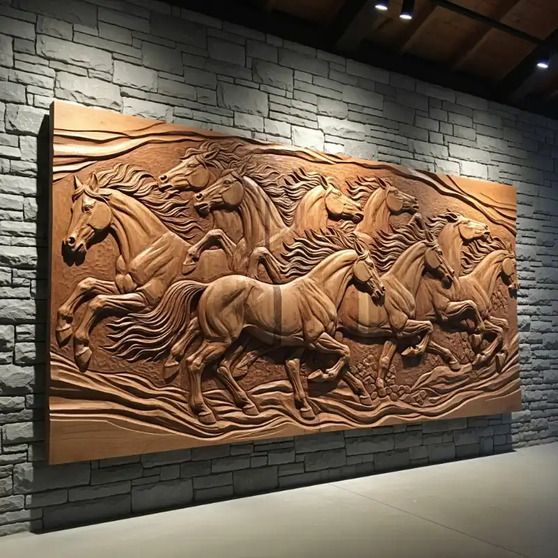 Ý nghĩa tranh Mã Đáo Thành Công cách treo thu hút tài lộc 53 Tranh Mã Đáo Thành Công tác phẩm điêu khắc gỗ tinh xảo, tái hiện đàn ngựa tám con đang phi nước đại, toát lên vẻ mạnh mẽ, uy nghi trên nền tường gạch.