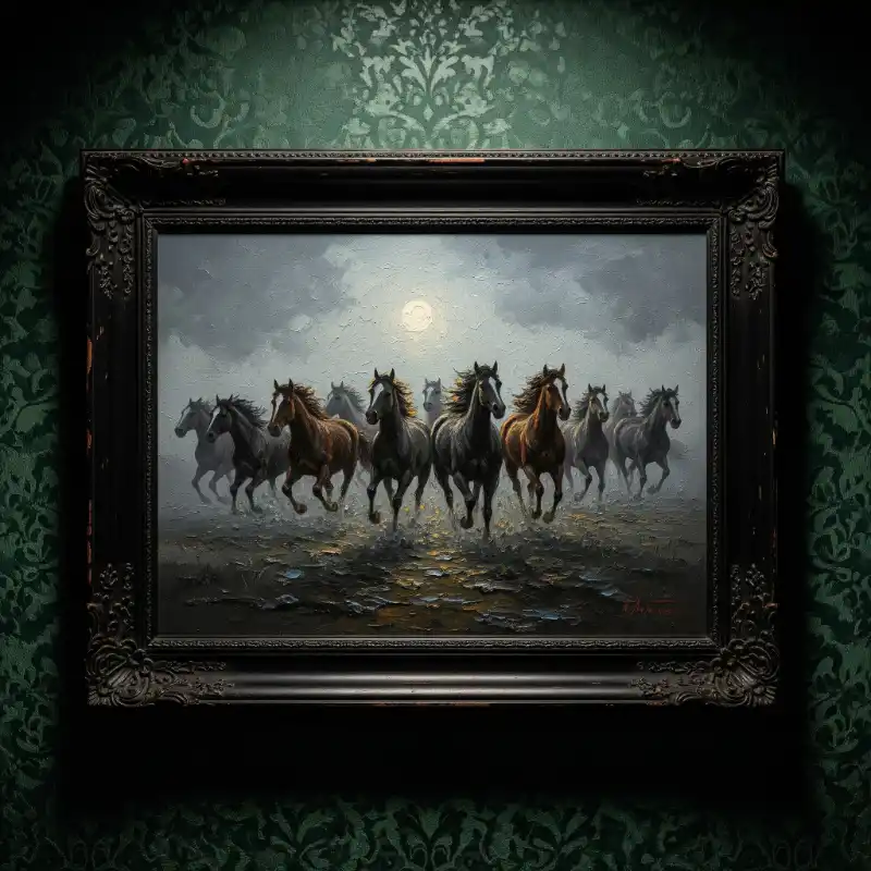 Ý nghĩa tranh Mã Đáo Thành Công cách treo thu hút tài lộc 54 Tranh Mã Đáo Thành Công tám con ngựa dũng mãnh phi nước đại dưới ánh trăng mờ ảo, được lồng trong khung gỗ chạm khắc cổ điển.