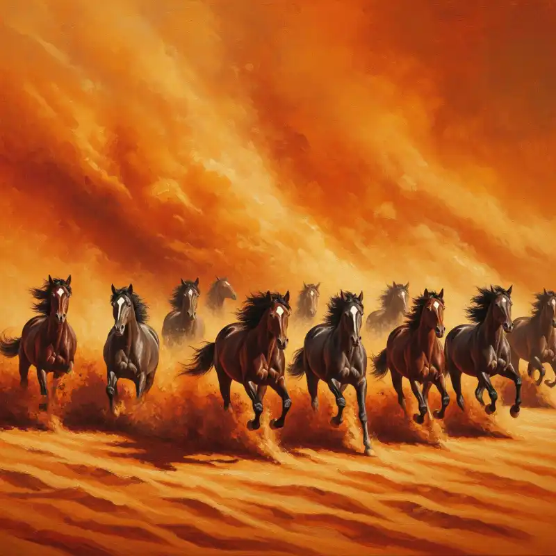 Ý nghĩa tranh Mã Đáo Thành Công cách treo thu hút tài lộc 55 Tranh Mã Đáo Thành Công tám con ngựa phi nước đại giữa bão cát đỏ rực, khung cảnh hùng vĩ và tràn đầy năng lượng trên sa mạc.