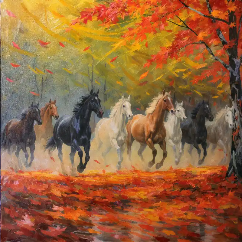 Ý nghĩa tranh Mã Đáo Thành Công cách treo thu hút tài lộc 56 Tranh Mã Đáo Thành Công tám tuấn mã phi nước đại qua rừng lá thu, biểu trưng ý chí kiên cường.