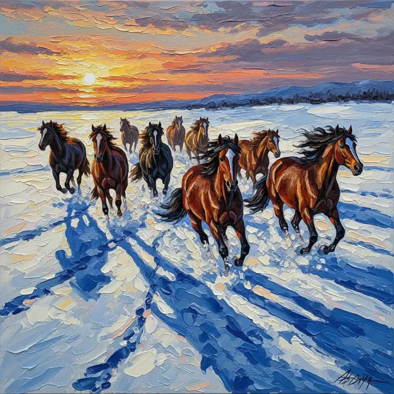 Ý nghĩa tranh Mã Đáo Thành Công cách treo thu hút tài lộc 57 Tranh Mã Đáo Thành Công tám tuấn mã phi nước đại trên tuyết, biểu trưng ý chí kiên cường.