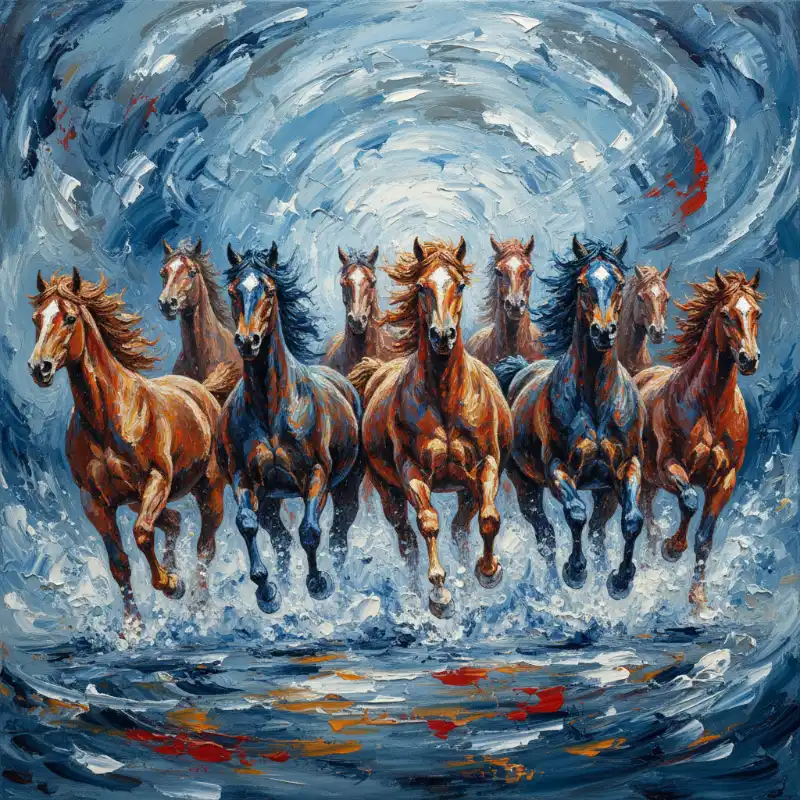 Ý nghĩa tranh Mã Đáo Thành Công cách treo thu hút tài lộc 58 Tranh Mã Đáo Thành Công tám tuấn mã phi nước giữa dòng xoáy, biểu trưng ý chí kiên cường, vượt khó.