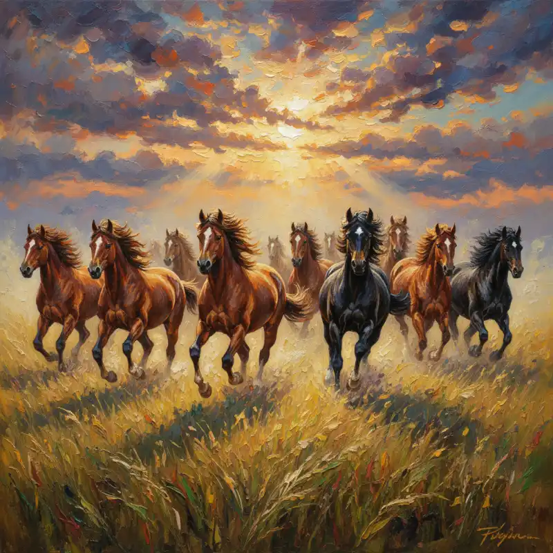 Ý nghĩa tranh Mã Đáo Thành Công cách treo thu hút tài lộc 59 Tranh Mã Đáo Thành Công tám tuấn mã trên đồng cỏ hoàng hôn, biểu trưng ý chí kiên cường, vươn lên.