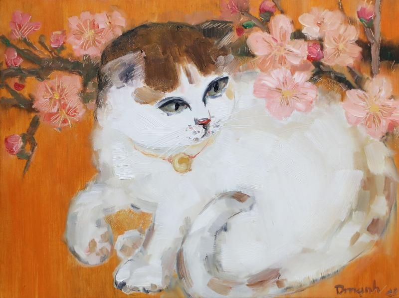 Tranh sơn dầu mèo hiền lành bên hoa anh đào mang ý nghĩa về sự an lành và phú quý