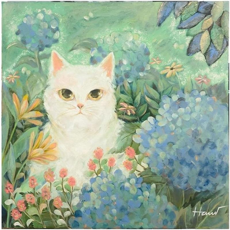 Chú mèo trắng giữa vườn hoa tạo cảm giác yên bình, thư thái