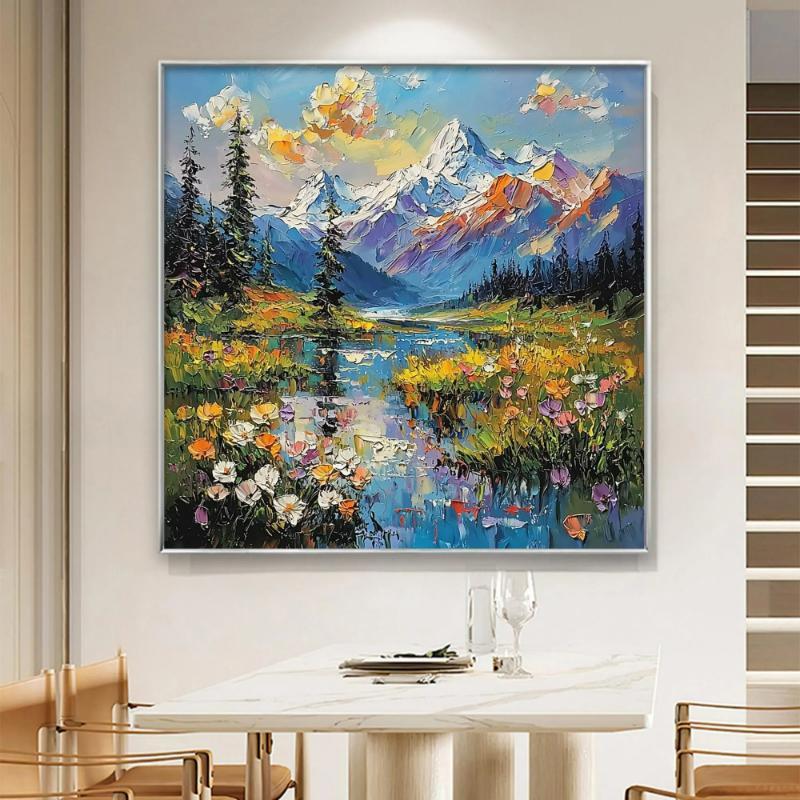 Tranh nghệ thuật phong cảnh hiện đại với kỹ thuật sơn dầu dày (Impasto), tạo hiệu ứng 3D và màu sắc đa dạng trên nền núi tuyết