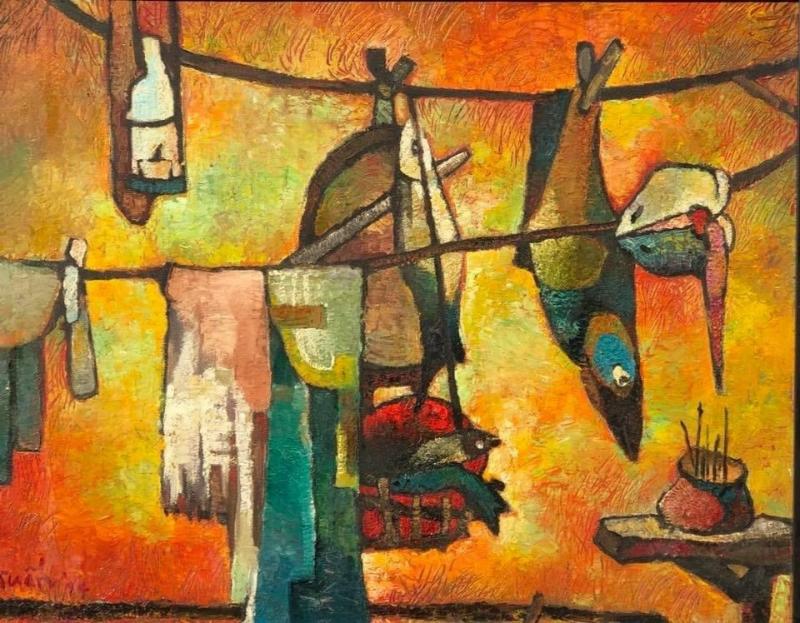 Bức tranh nghệ thuật tĩnh vật với bố cục độc đáo, thể hiện khoảnh khắc đời thường trong gam màu nóng