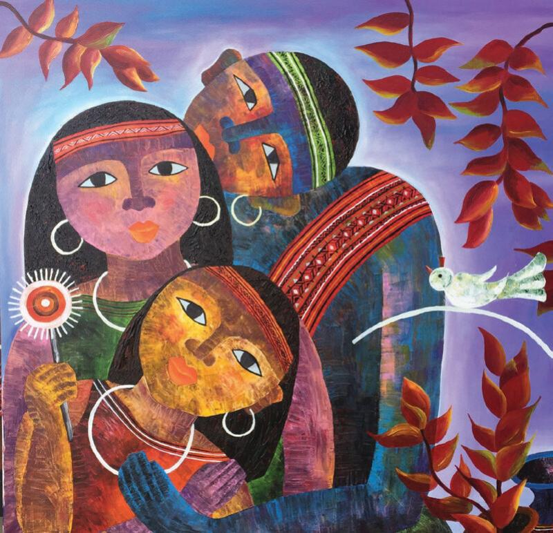 Tranh gia đình theo phong cách hiện đại pha trộn nét dân gian, tôn vinh tình cảm và bản sắc văn hóa