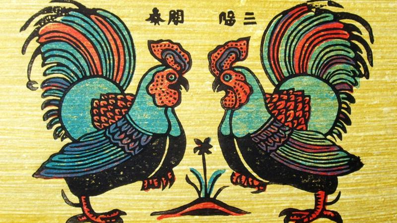 Tranh dân gian "Gà Đôi" mang ý nghĩa chúc tụng và niềm tin vào may mắn, thịnh vượng
