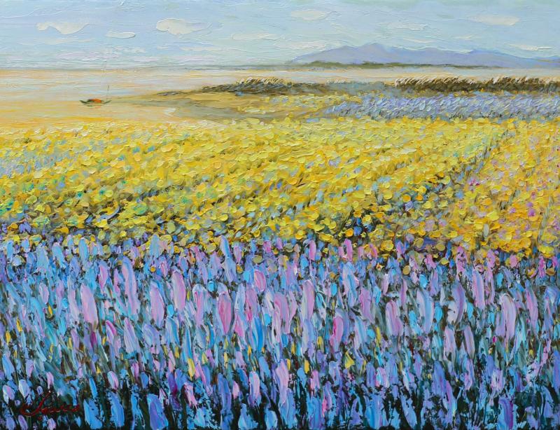 Bức tranh sơn dầu phong cảnh với kết cấu dày và màu sắc đậm mang lại cảm giác chân thực và sống động.