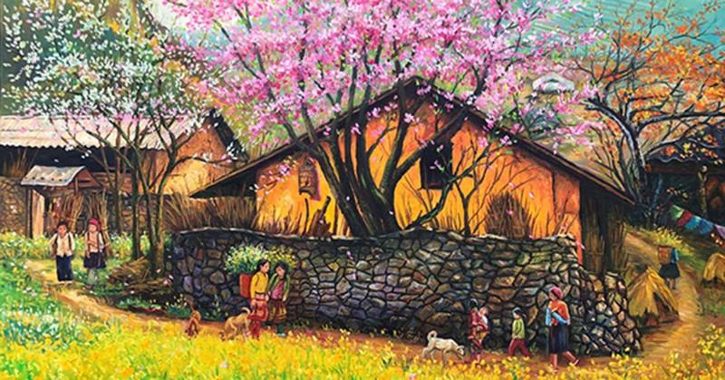 Tranh làng quê miền núi phía bắc yên bình, ấm cúng