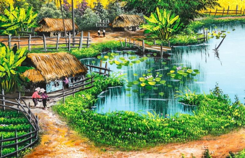 Tranh làng quê tặng tân gia mong gia chủ hạnh phúc ấm no