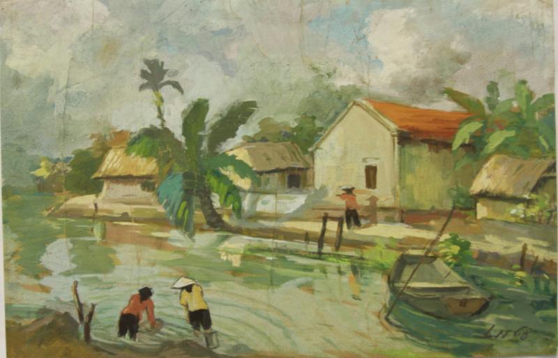 Tranh phong cảnh màu bột tả cảnh sinh hoạt làng quê ven sông với gam màu ấm áp, gần gũi