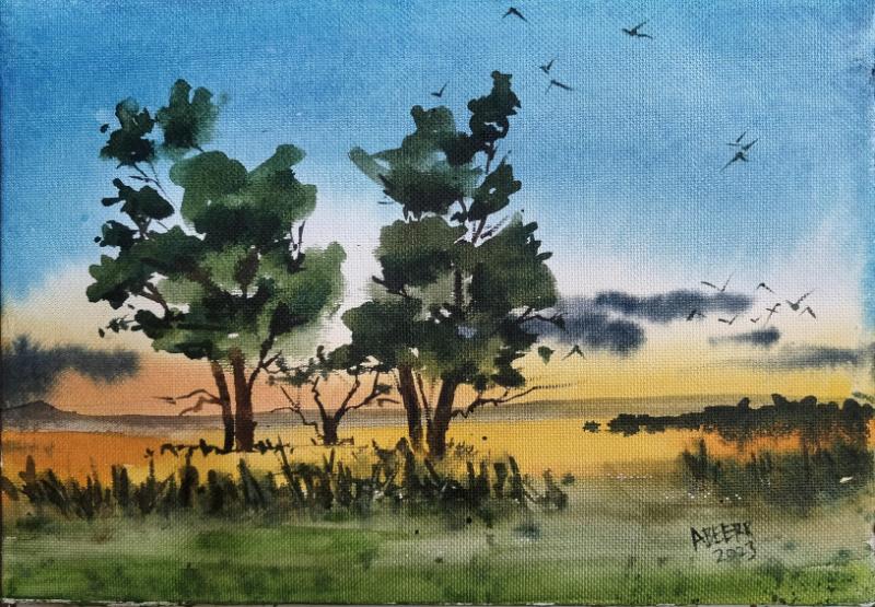 Tranh phong cảnh hoàng hôn trên biển bằng chất liệu màu nước