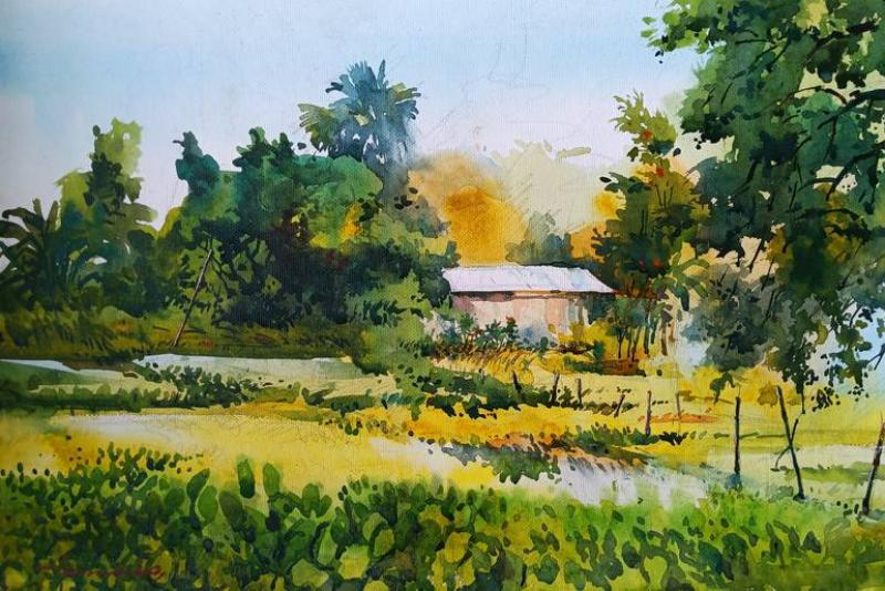 Tranh phong cảnh màu nước có độ trong suốt, nhẹ nhàng, thể hiện cảnh vật mộc mạc