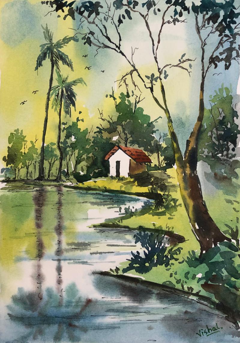 Tranh màu nước có sắc thái mềm mại, nhẹ nhàng, lột tả vẻ bình yên của thiên nhiên