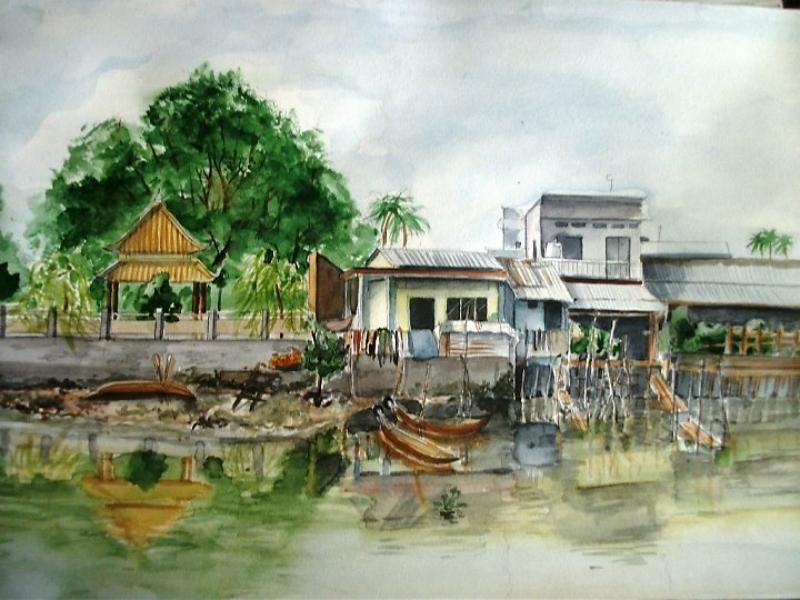 Cảnh sông nước và đời sống ven sông được thể hiện mềm mại bằng màu nước