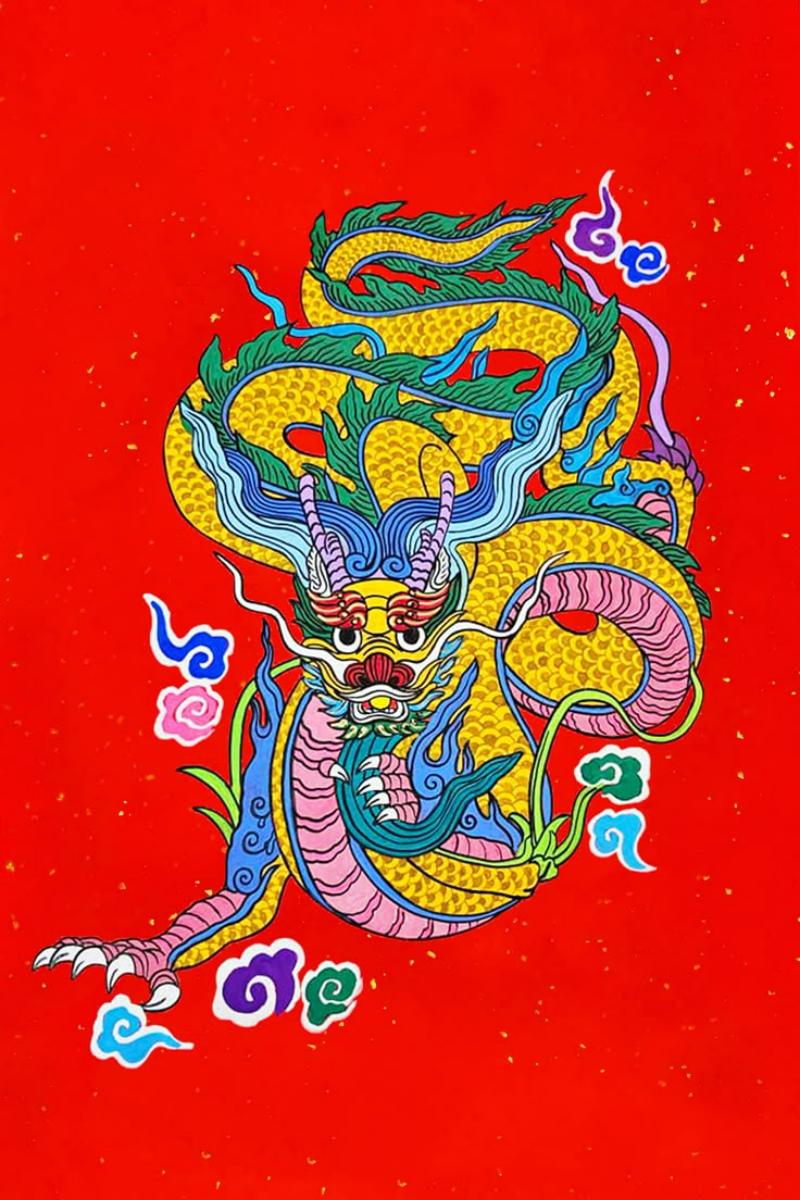 Tranh Kim Hoàng – Hồi sinh tranh tết thất truyền 7 thập kỷ 15 Tranh rồng kim hoàng uy nghi, màu sắc tươi tắn, là biểu tượng của sự may mắn và sức mạnh