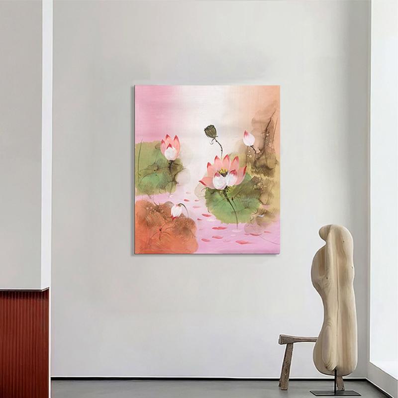 Tranh sơn dầu hoa sen tô điểm cho không gian phòng khách