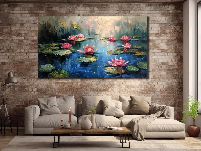 Nét chấm phá cho phòng khách khi treo tranh sơn dầu hoa sen