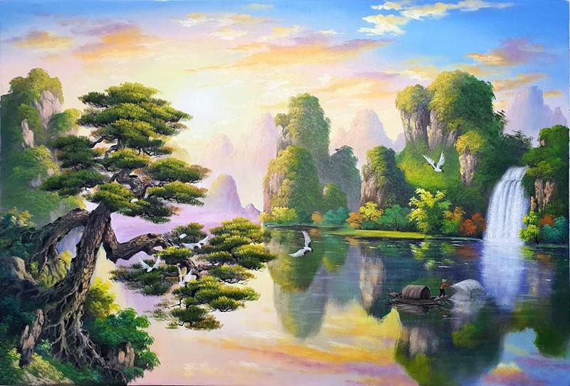 Tranh vẽ phong cảnh thiên nhiên núi non hùng vĩ