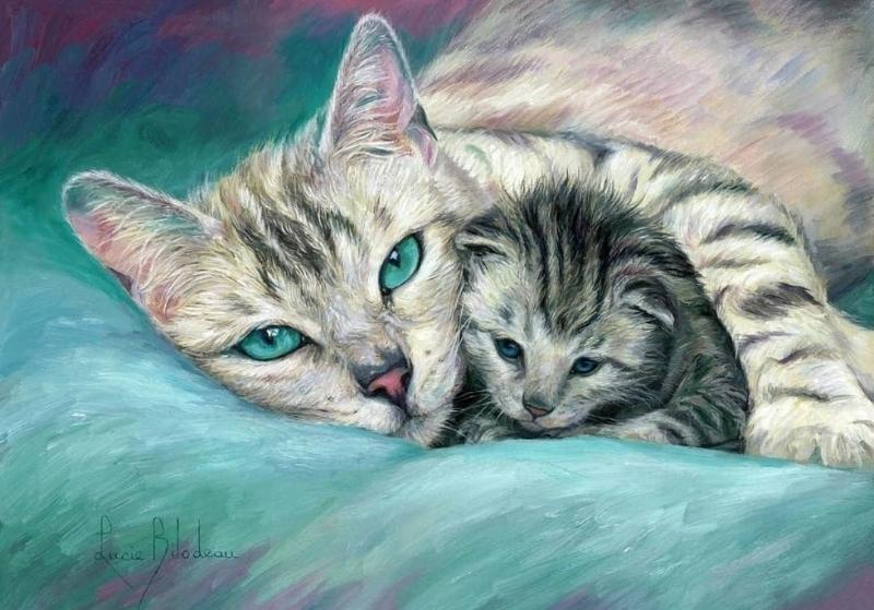 Tranh sơn dầu con mèo ấm áp về tình mẫu tử giữa mèo mẹ và mèo con