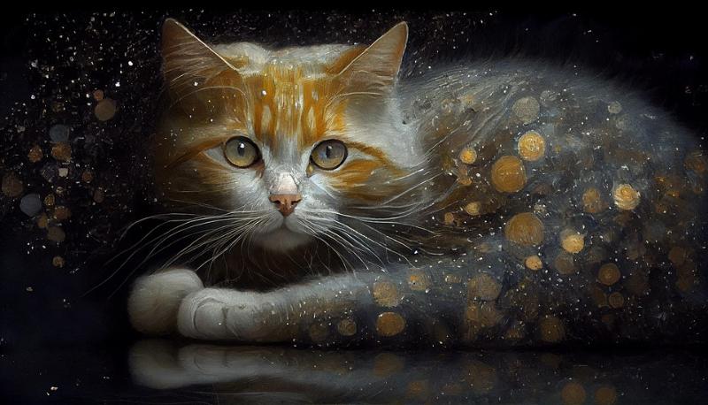 Tranh sơn dầu con mèo ấn tượng với chú mèo được vẽ bằng những mảng màu lấp lánh như dải ngân hà