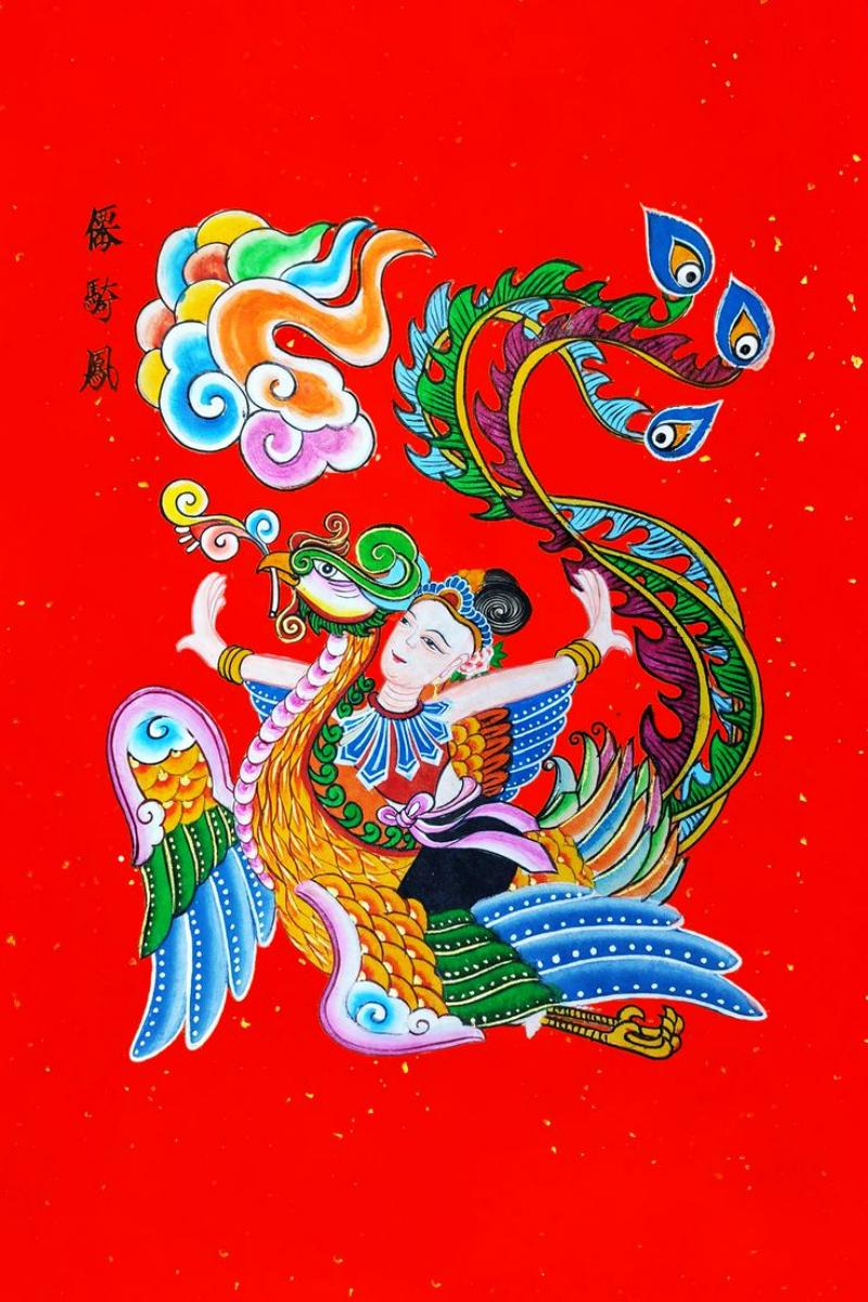 Tranh Kim Hoàng – Hồi sinh tranh tết thất truyền 7 thập kỷ 16 Tranh "Múa Phụng" (Phượng), biểu trưng cho sự tái sinh, vẻ đẹp và điềm lành