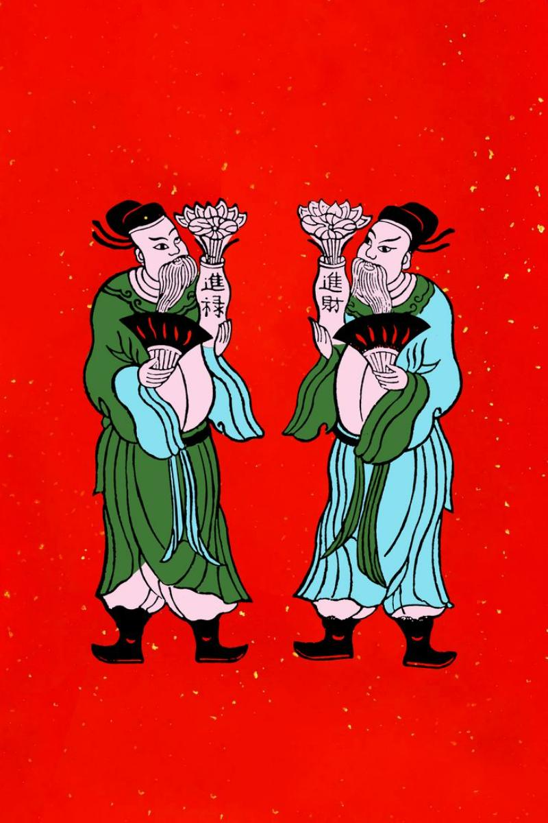 Tranh Kim Hoàng – Hồi sinh tranh tết thất truyền 7 thập kỷ 14 Hình ảnh Thần Tài - Phúc Lộc, thể hiện mong muốn về sự giàu sang, thịnh vượng trong năm mới