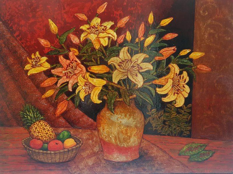 Tranh hoa ly vàng tạo cảm giác ấm áp và tươi sáng