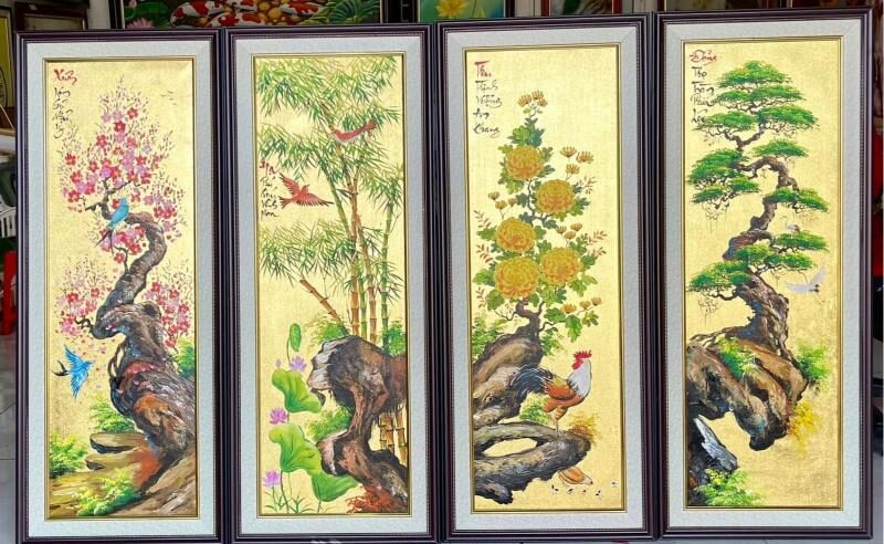 Tranh Mai Cúc Trúc Tùng chạm khắc tinh xảo, chất liệu cao cấp mang lại vẻ sang trọng, phú quý cho không gian