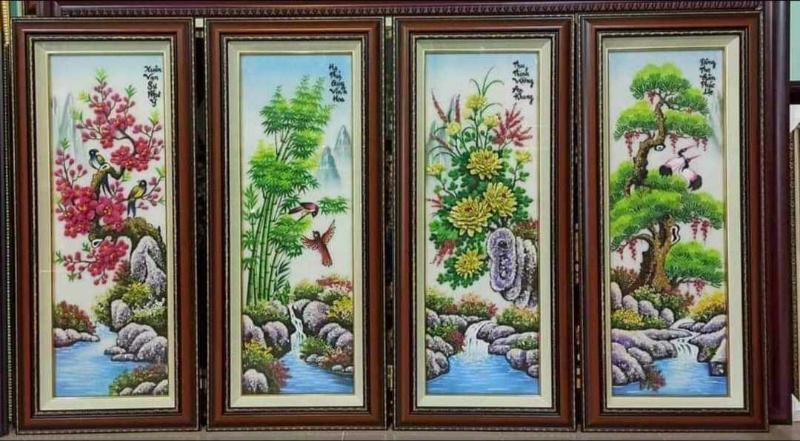 Tranh Tứ Quý Phù Điêu Kèm Thư Pháp kết hợp cảnh vật bốn mùa với lời chúc ý nghĩa