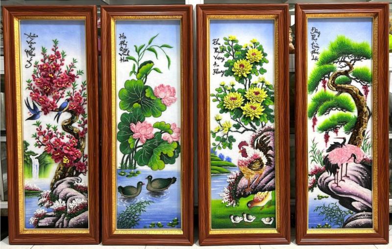 Tranh Tứ Quý Đá Quý Đào - Sen - Cúc - Tùng vẻ đẹp thanh khiết và ý nghĩa viên mãn