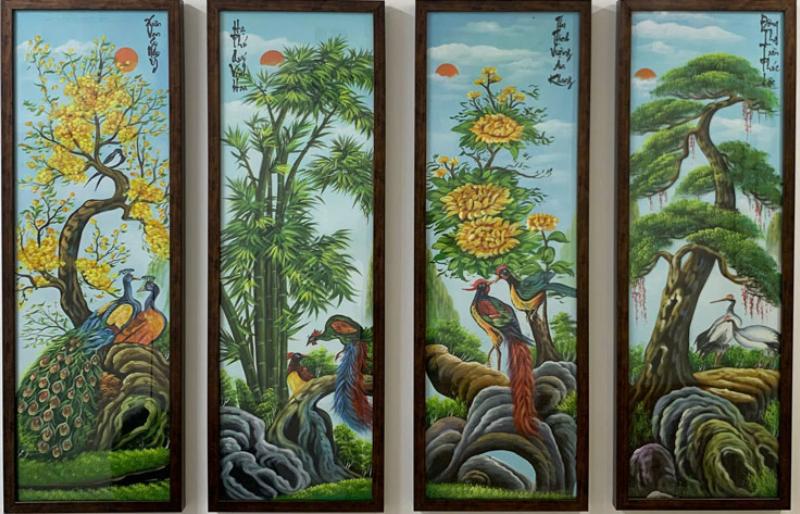Tranh Tứ Quý Sơn Dầu Mai - Trúc - Cúc - Tùng màu sắc sống động, mang ý nghĩa may mắn và bền vững